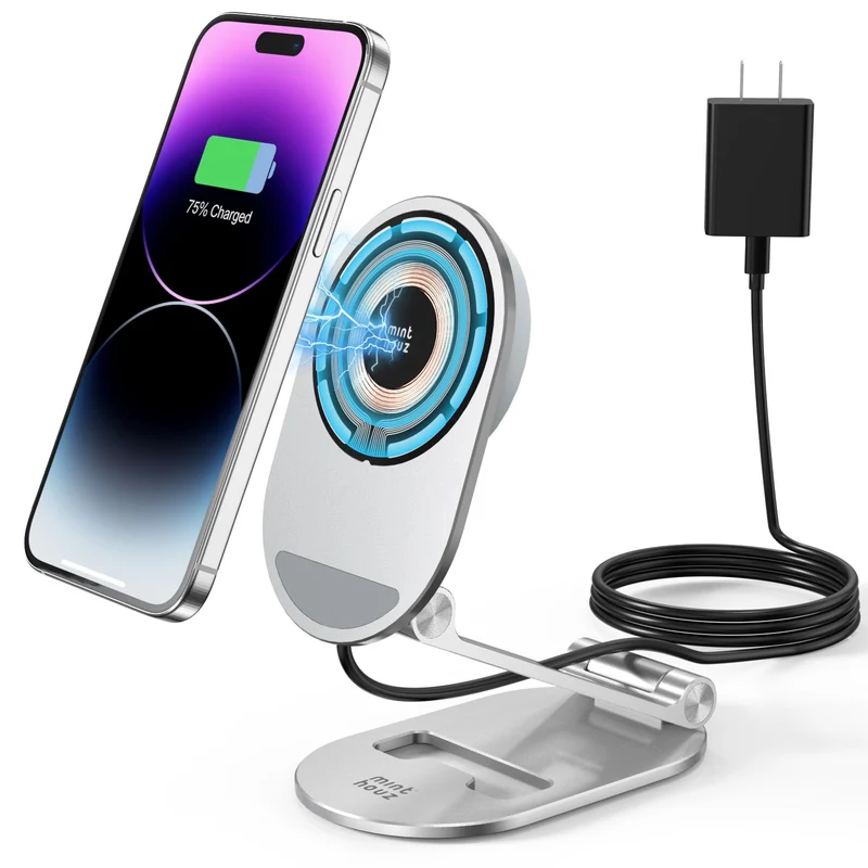 Magnetic Wireless Charger, Minthouz Foldable Mag Safe Charging Stand, Adjustable Wireless Charging Station with 20W Wall Adapter