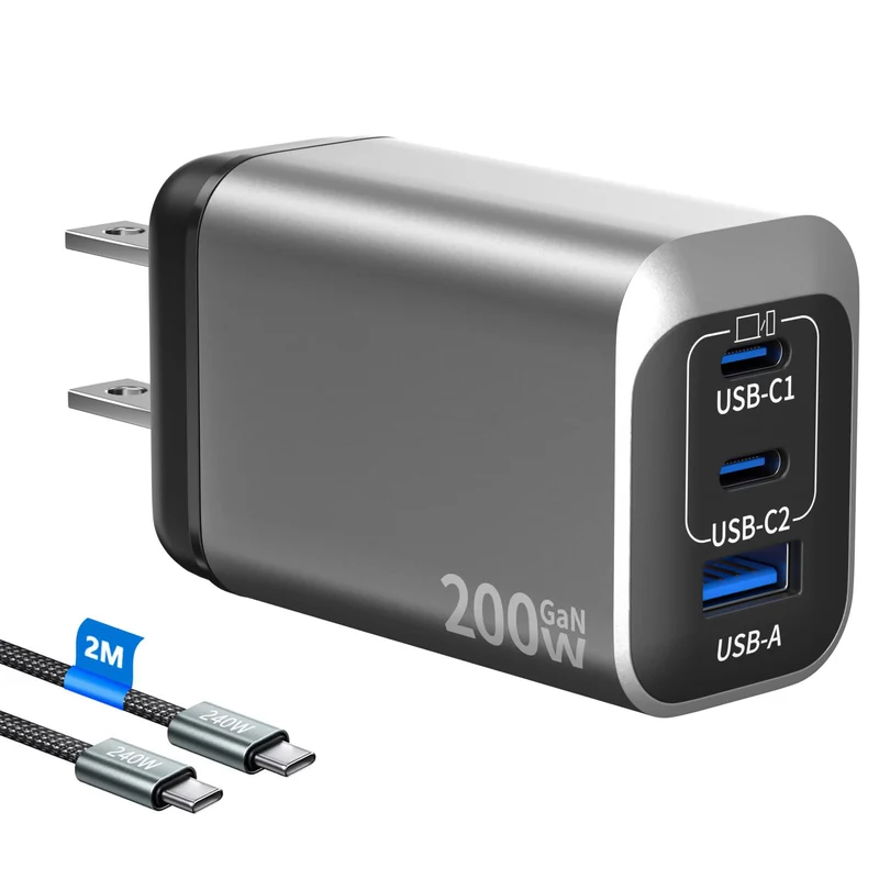 200W USB C Charge Block,3 Port PD 100W GaN Charger,Multi Port Fast Charging Station Hub for Multiple Devices,Compatible with Mac