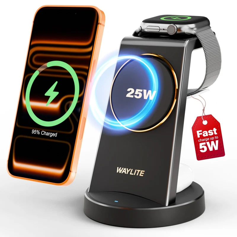 3 in 1 Fast Charging Station for iPhone, 25W Wireless Magnetic Phone Charger for iPhone 17 16e 16 15 14 13 12 Serise, Watch Char
