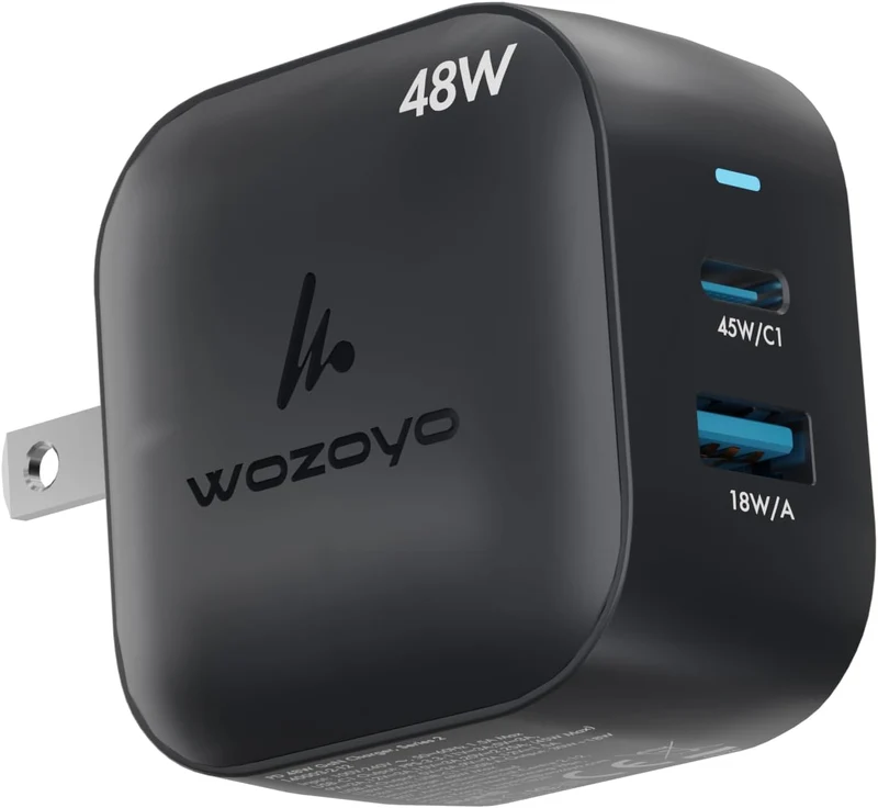 48W GaN Charger Wozoyo TypeC & USBA Superfast 2.0 Charging, Compatible for iPhone 17/16/16 Pro Max/15 Series/iPad Pro, Smartph