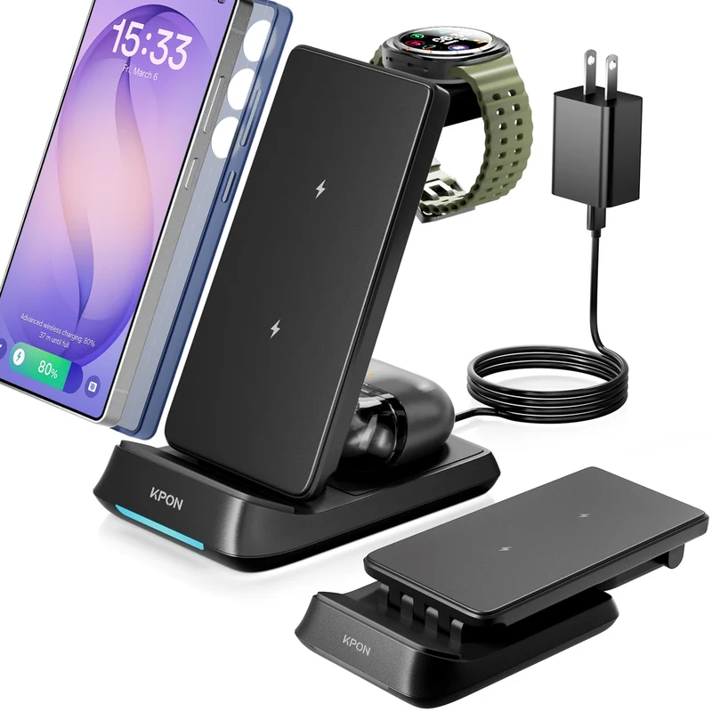 KPON 3 in 1 Charging Station for Samsung, Wireless Charger for Thick Cases, Foldable Phone and Watch Charger Stand for Galaxy S2