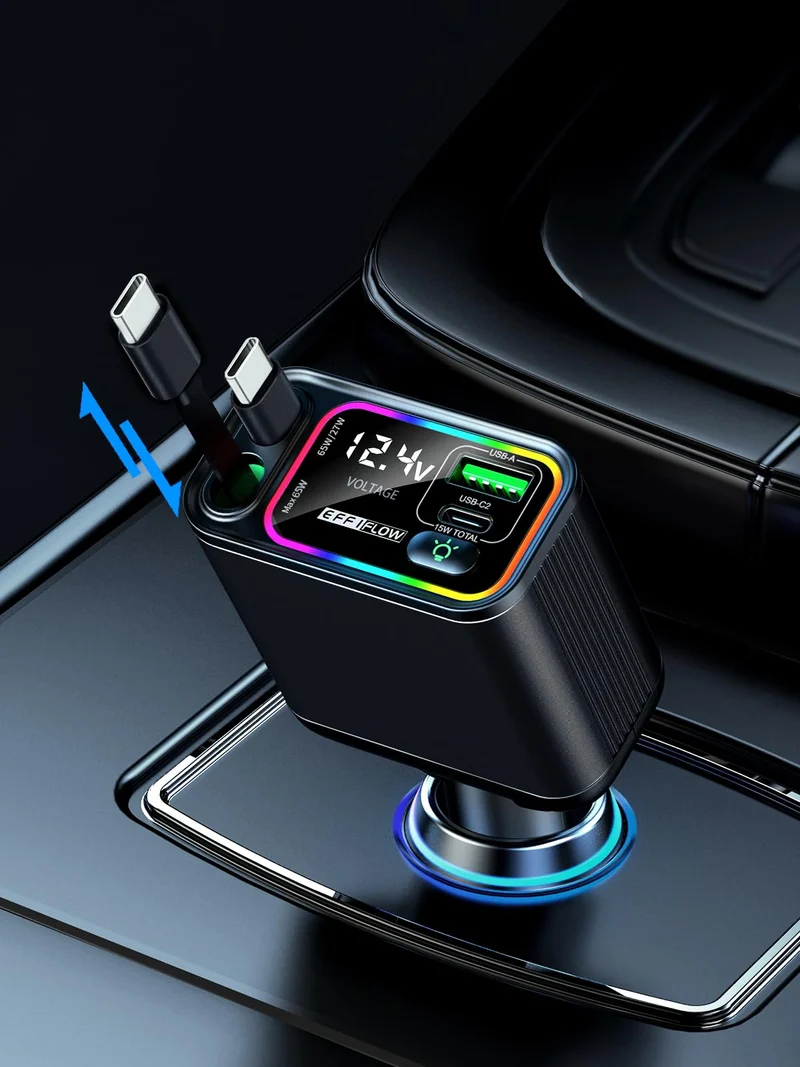 EFFIFLOW Retractable Car Charger USB C, 145W Fast Charge, Dual Type C Cable