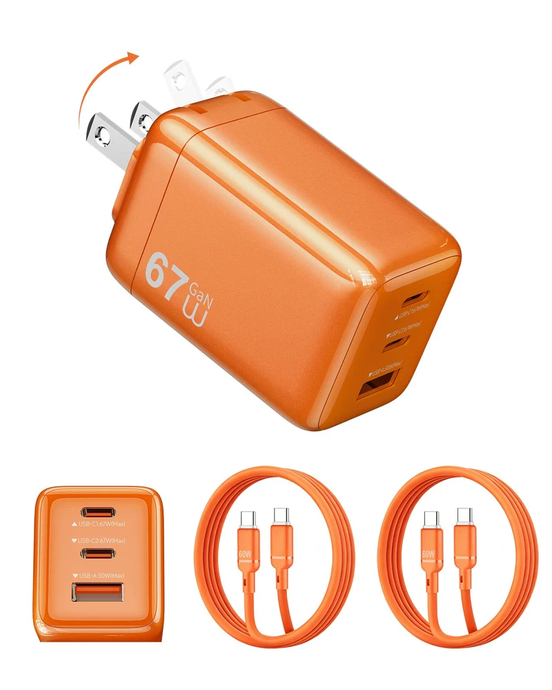 67W Fast Charger,3 Port GaN Compact Foldable Plug PD Fast Charger USB C Wall Plug with 5Ft 2 Cables for iPhone 17/16/15 Series,