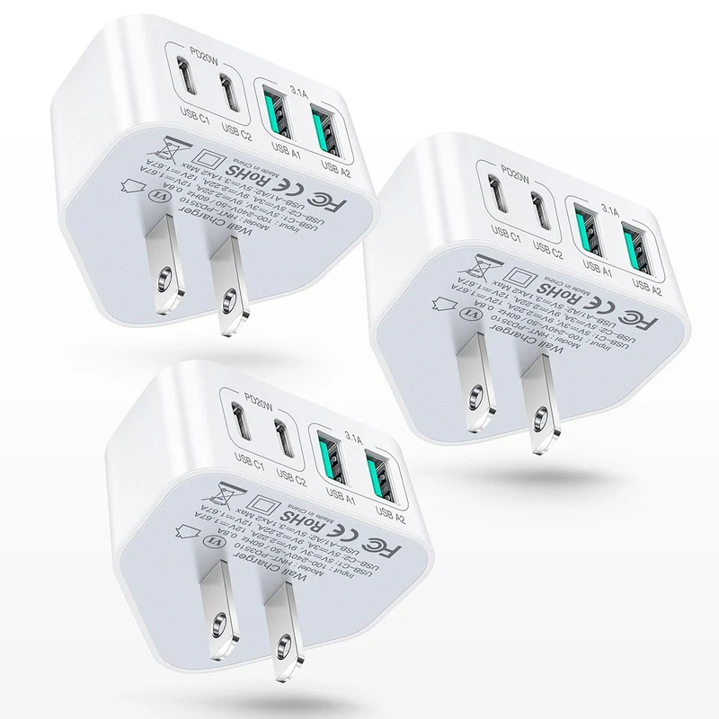 3Pack USB C Charger Block, 40W 4 Port Flat Fast USB C Wall Charger