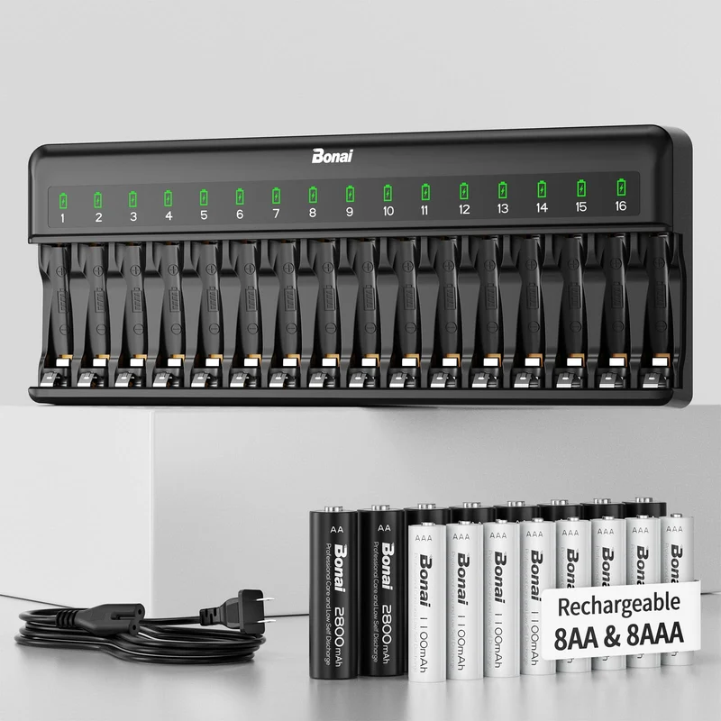 Bonai Rechargeable AA and AAA Batteries with Charger, 8 x 2800mAh AA & 8 x 1100mAh AAA & 16 Bay Advanced Individual Fast Battery