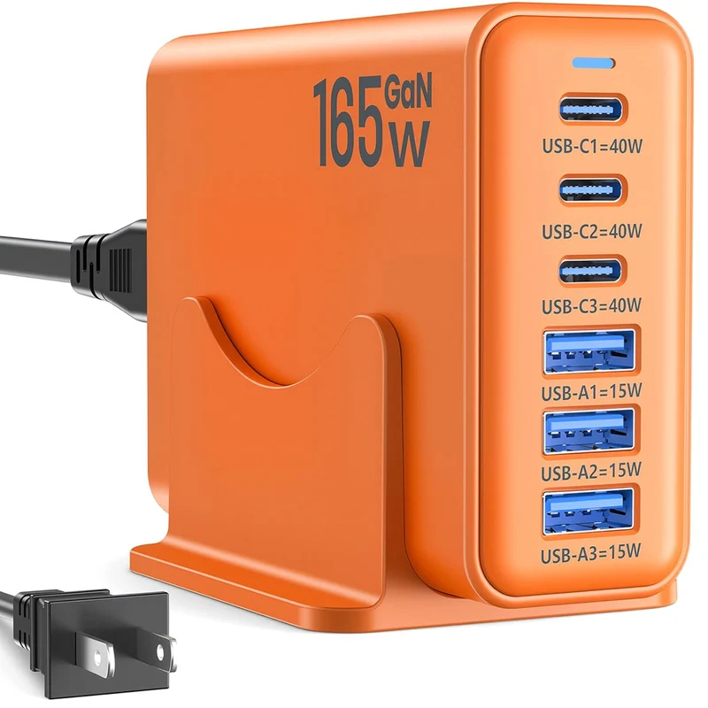 Newdarren 165W Charging Station, 6 Port Desktop Charger, 3 Ports 40W Orange