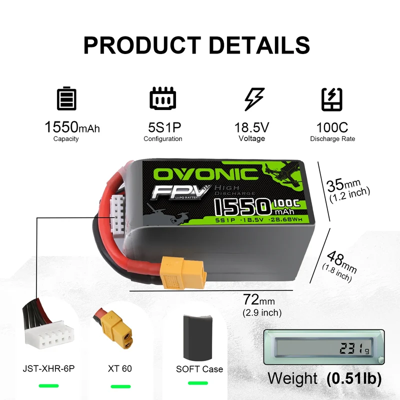 Ovonic FPV 5S 1550mAh 18,5V 100C XT60 LiPo Akku