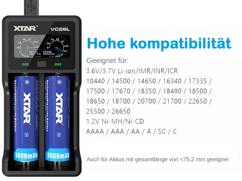 Xtar VC2SL - Ladegerät für Li-Ion und NIMH Akkus inkl. USB-Kabel