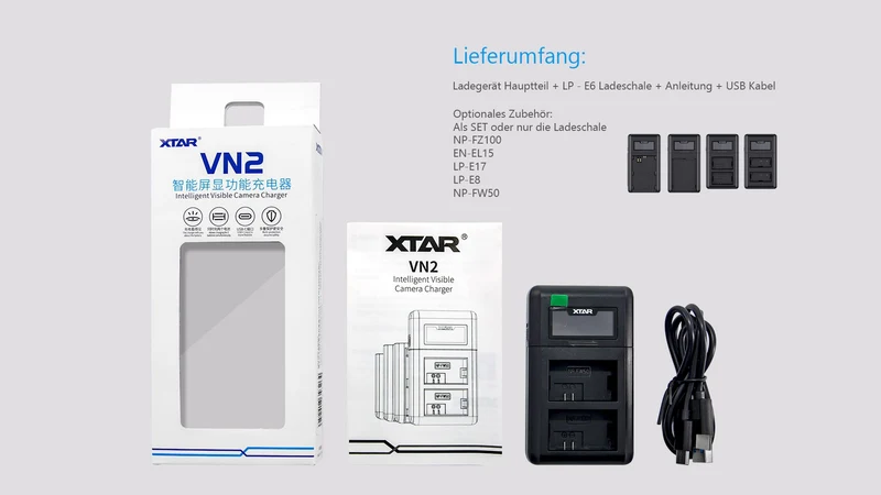 Xtar VN2 Kamera Ladegerät für Li-Ionen Akkus + LP-E6 Canon