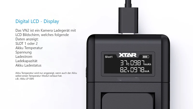 Xtar VN2 Kamera Ladegerät für Li-Ionen Akkus + LP-E8 Canon
