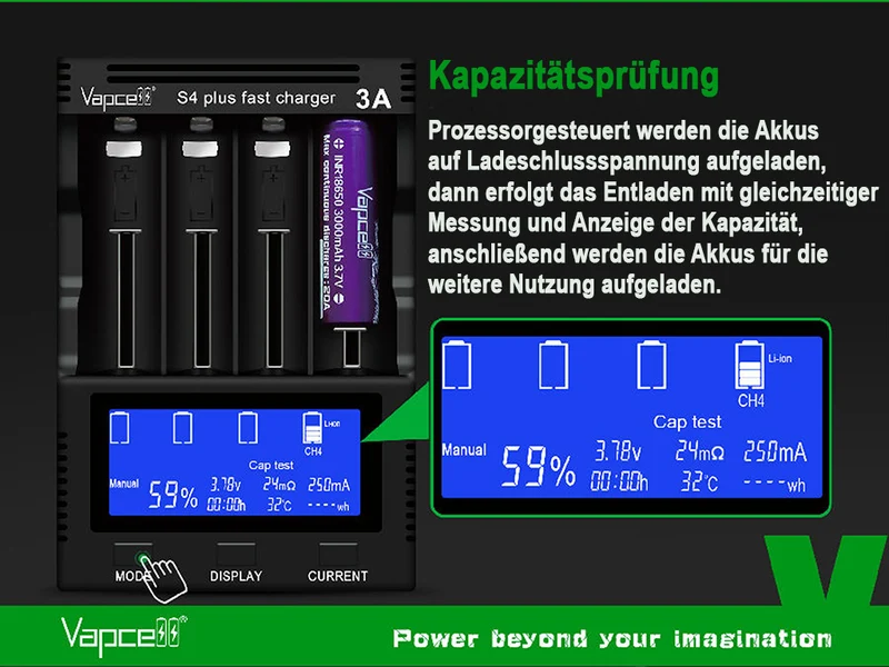 Vapcell S4 plus V3.0 professionelles Universal-Analyse-Ladegerät für Li-Ion, NIMH, NiCd Akkus