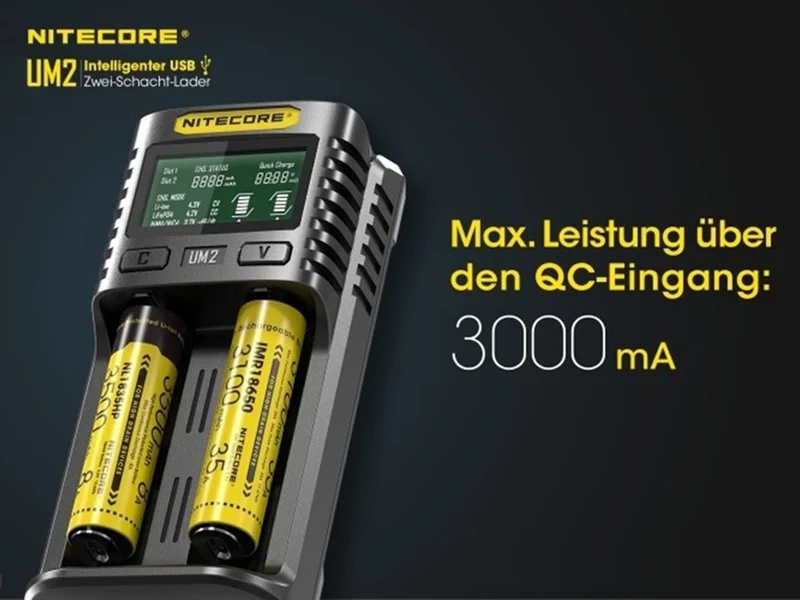 Nitecore UM2 - intelligentes 2 - Schacht USB Ladegerät für Li-Ion, LiFePo4, Ni-MH, Ni-CD Akkus