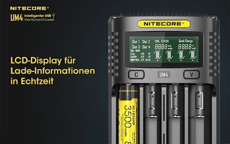 Nitecore UM4 - intelligentes Ladegerät für Li-Ion, LiFePo4, Ni-MH, Ni-CD Akkus