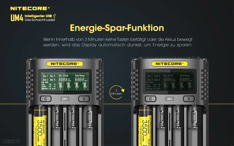 Nitecore UM4 - intelligentes Ladegerät für Li-Ion, LiFePo4, Ni-MH, Ni-CD Akkus