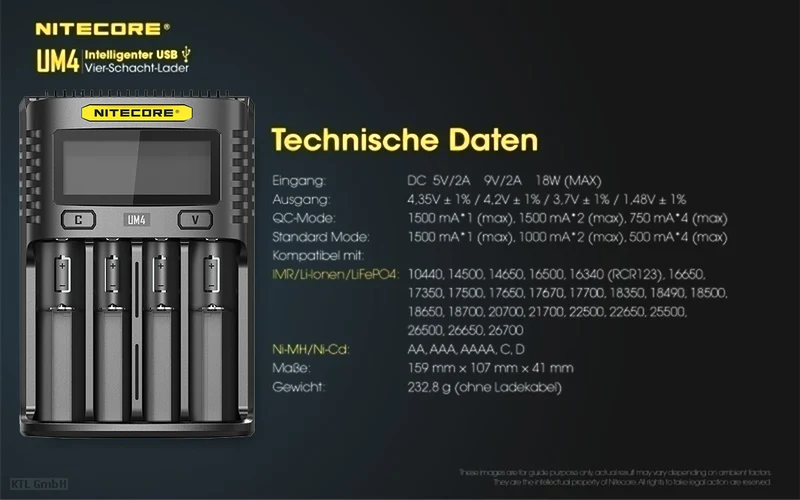 Nitecore UM4 - intelligentes Ladegerät für Li-Ion, LiFePo4, Ni-MH, Ni-CD Akkus