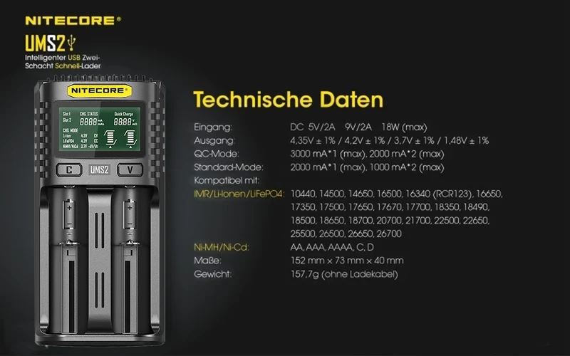 Nitecore UMS2 - intelligentes 2 - Schacht USB Ladegerät für Li-Ion, LiFePo4, Ni-MH, Ni-CD Akkus
