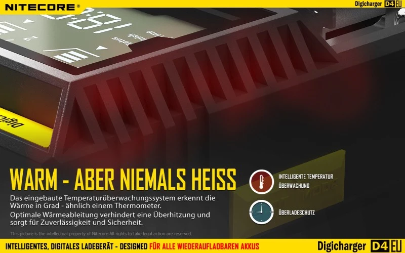 Nitecore Sysmax Digicharger D4 EU - intelligentes Ladegerät für Li-Ion, LiFePo4, Ni-MH, Ni-CD Akkus
