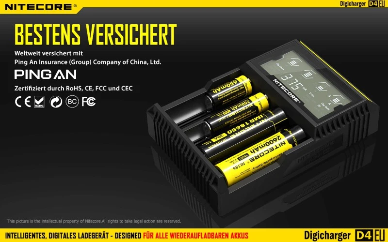 Nitecore Sysmax Digicharger D4 EU - intelligentes Ladegerät für Li-Ion, LiFePo4, Ni-MH, Ni-CD Akkus
