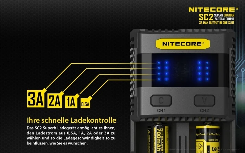 Nitecore SC2 SUPERB - 3A Zwei-Schacht-Schnellladegerät für Li-Ion, LiFePo, Ni-MH Akkus