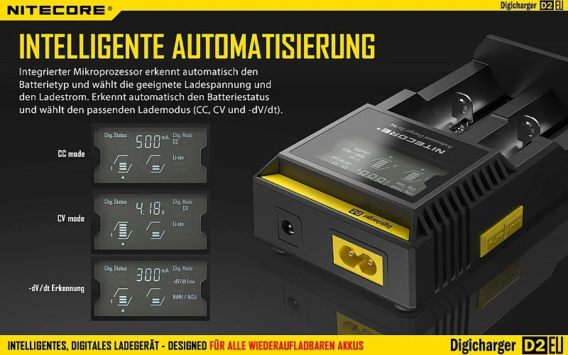 Nitecore Digicharger D2 EU - Ladegerät für Li-Ion, Ni-MH, Ni-CD und LIFePo4 Akkus
