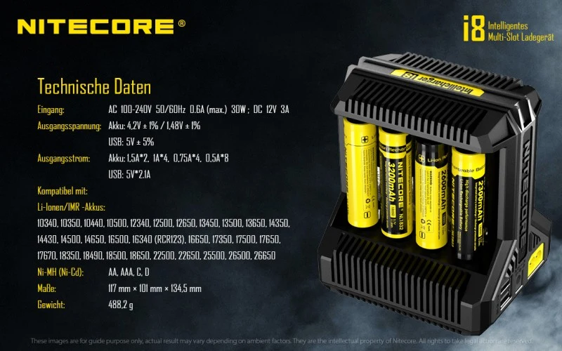 Nitecore Intellicharger I8 - Ladegerät für Li-Ion und Ni-MH, Ni-CD Akkus