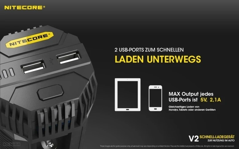 Nitecore V2 KFZ Ladegerät für Li-Ion und NIMH Akkus