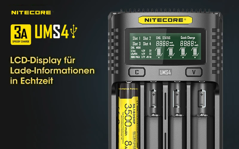 Nitecore UMS4 - intelligentes Ladegerät für Li-Ion, LiFePo4, Ni-MH, Ni-CD Akkus