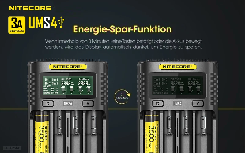 Nitecore UMS4 - intelligentes Ladegerät für Li-Ion, LiFePo4, Ni-MH, Ni-CD Akkus