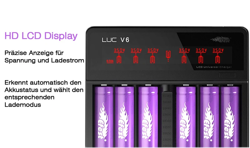 Efest LUC V6 Ladegerät für 3,6V - 3,7V Li-Ion-Akkus mit HD-LCD-Anzeige