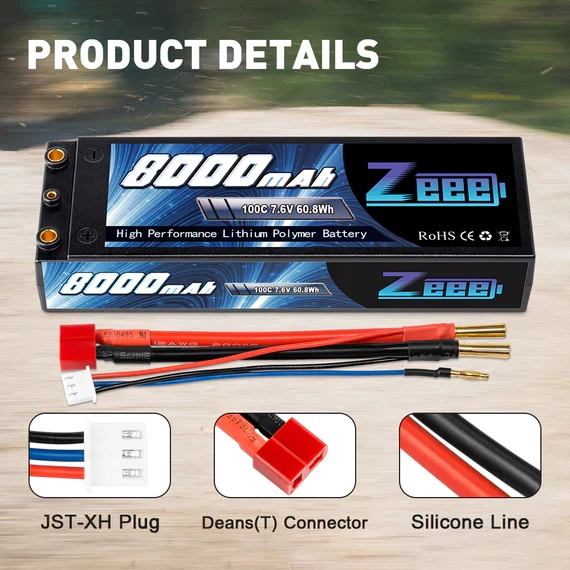 Zeee 2S 8000mAh 7,6V 100C HV LiPo Hardcase 4mm Bullet zu Deans