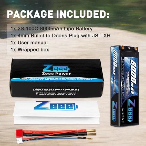 Zeee 2S 8000mAh 7,6V 100C HV LiPo Hardcase 4mm Bullet zu Deans