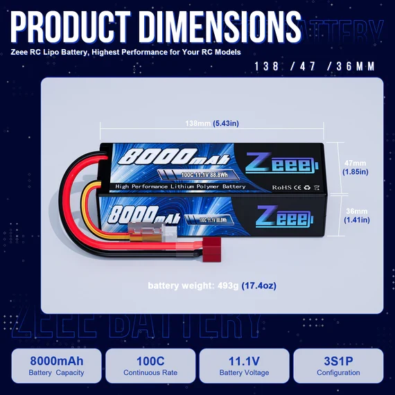 Zeee 3S Lipo Akku 8000mAh 11.1V 100C Dean Hardcase