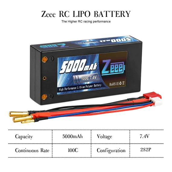 Zeee 2S 5000mAh 7,4V 100C Hardcase 4mm Bullet-zu-Deans Shorty Lipo-Akku (2 Stück)