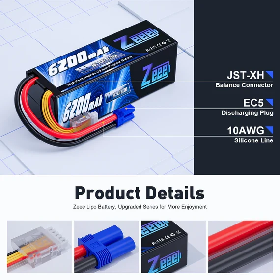 Zeee 4S 6200mAh 14,8V 80C Hardcase EC5 Lipo Akku (2 Stück)