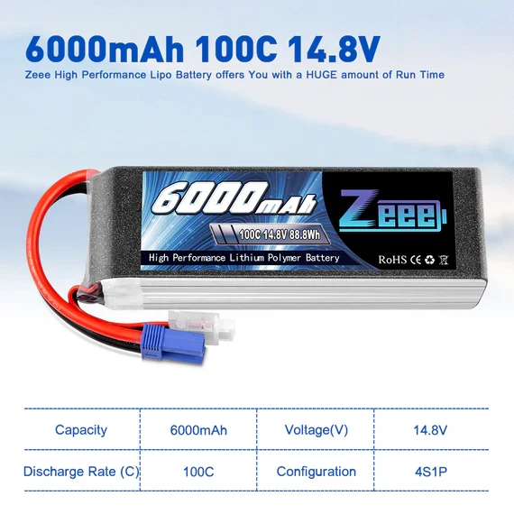 Zeee 4S 6000mAh 14,8V 100C EC5 Lipo Akku (2 Stück)