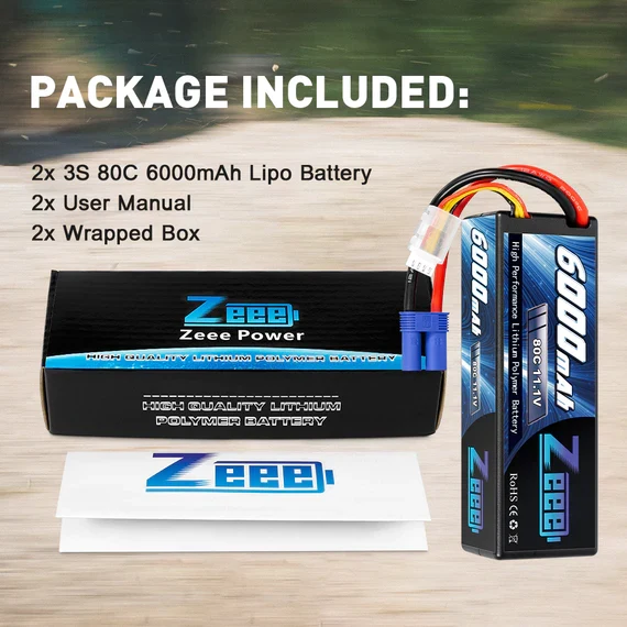 Zeee 3S 6000mAh 11,1V 80C Hardcase EC5 Lipo Akku (2 Stück)
