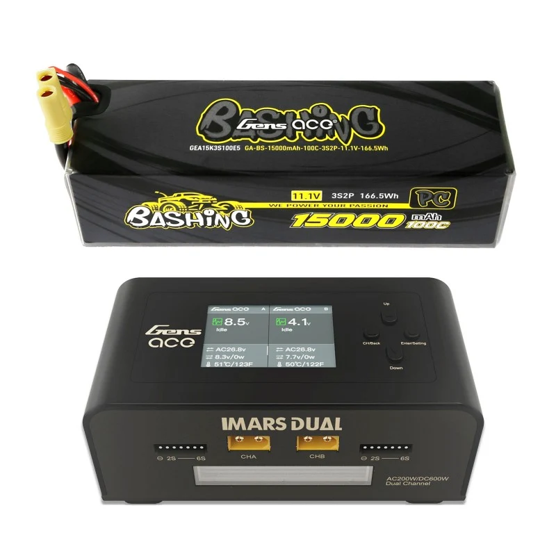 Gens Ace Bashing 3S 15000mAh 11,1V 100C 3S2P Lipo + Imars Dual Channel AC200 W RC-Akkuladegerät