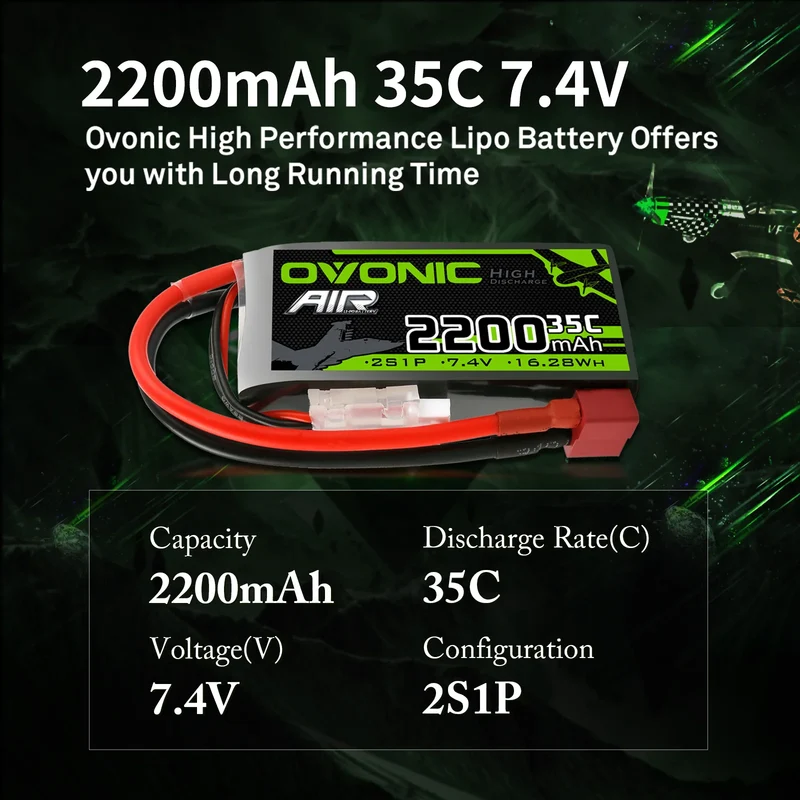 OVONIC 2S 35C 7,4 V 2200 mAh kurzer LiPo-Akku mit T-Stecker für Flugzeughubschrauber (2 St.)