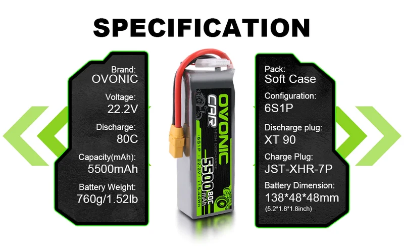 Ovonic Car 6S 5500mAh 80C 22,2V XT90 RC Car Airplane Heli LiPo Akku