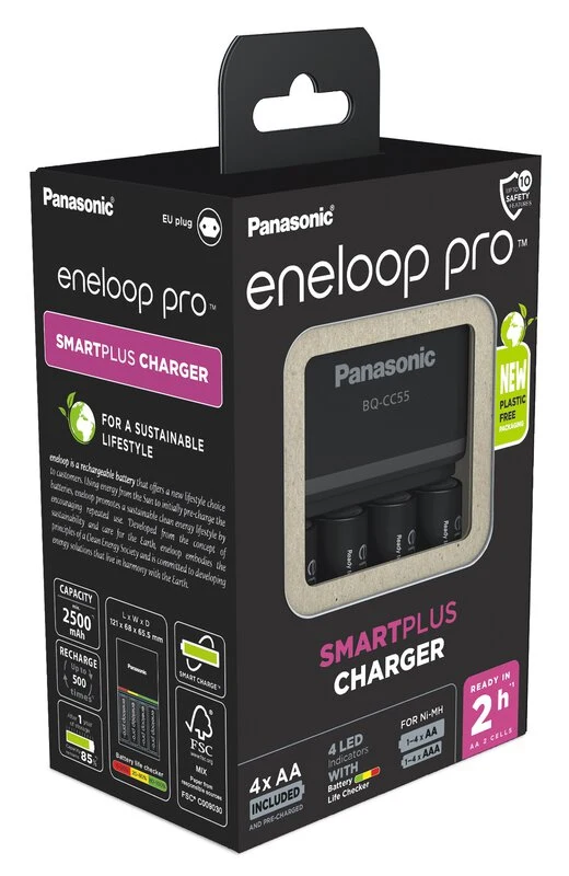 Panasonic Ladegerät Smart & Quick Charger BQ-CC55E + 4x Eneloop Pro AA Akku