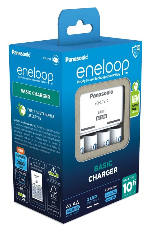 Panasonic Ladegerät Basic Charger BQ-CC51 inkl. 4 Eneloop AA
