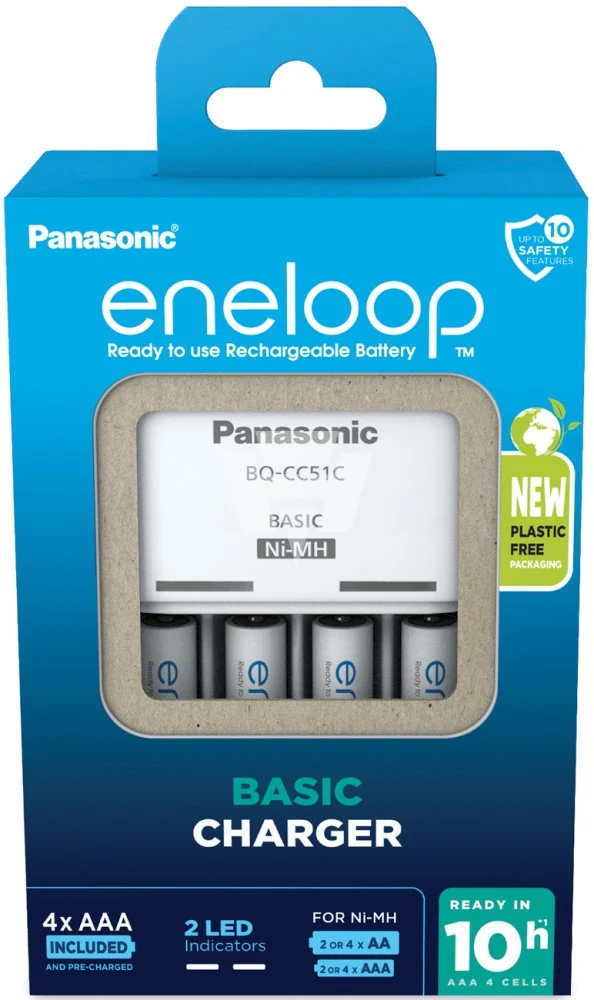 Panasonic Ladegerät Basic Charger BQ-CC51 inkl. 4 Eneloop AAA