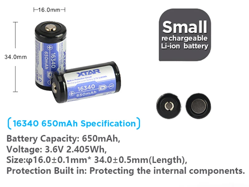 Xtar 16340 (LIR123A) - 650mAh 3,6V - 3,7V Li-Ion-Akku geschützt