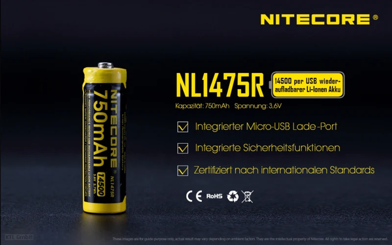 NiteCore 14500 - 750mAh, Li-Ionen 3,7V - 3,6V - PCB geschützt mit USB Lademöglichkeit NL1475R
