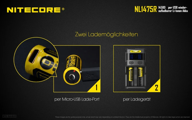 NiteCore 14500 - 750mAh, Li-Ionen 3,7V - 3,6V - PCB geschützt mit USB Lademöglichkeit NL1475R