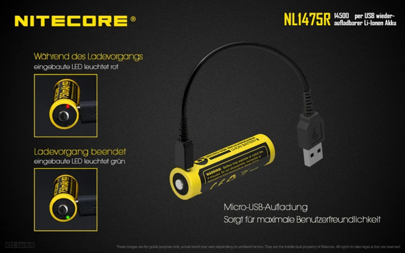 NiteCore 14500 - 750mAh, Li-Ionen 3,7V - 3,6V - PCB geschützt mit USB Lademöglichkeit NL1475R