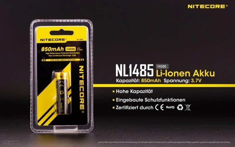 Nitecore 14500 - 850mAh, 3,6V - 3,7V NL1485 Li-Ion-Akku