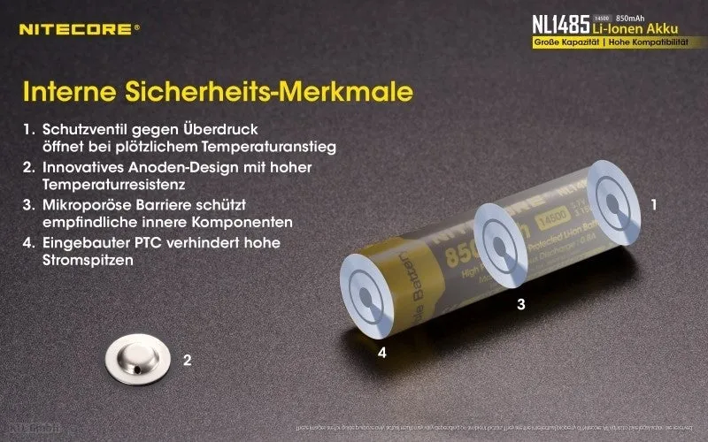 Nitecore 14500 - 850mAh, 3,6V - 3,7V NL1485 Li-Ion-Akku
