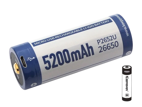 Keeppower 26650 - 5200mAh, Li-Ionen 3,7V - 3,6V - PCB geschützt mit USB Lademöglichkeit P2652U