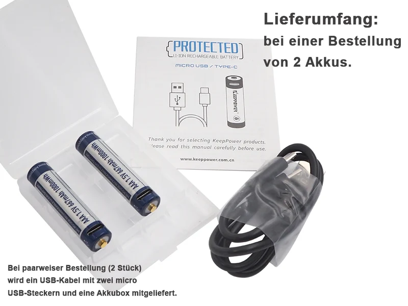 Keeppower AAA 1,5V 1000mWh (ca. 667mAh) Lithium Ionen Akku (Wiederaufladbar über micro USB)